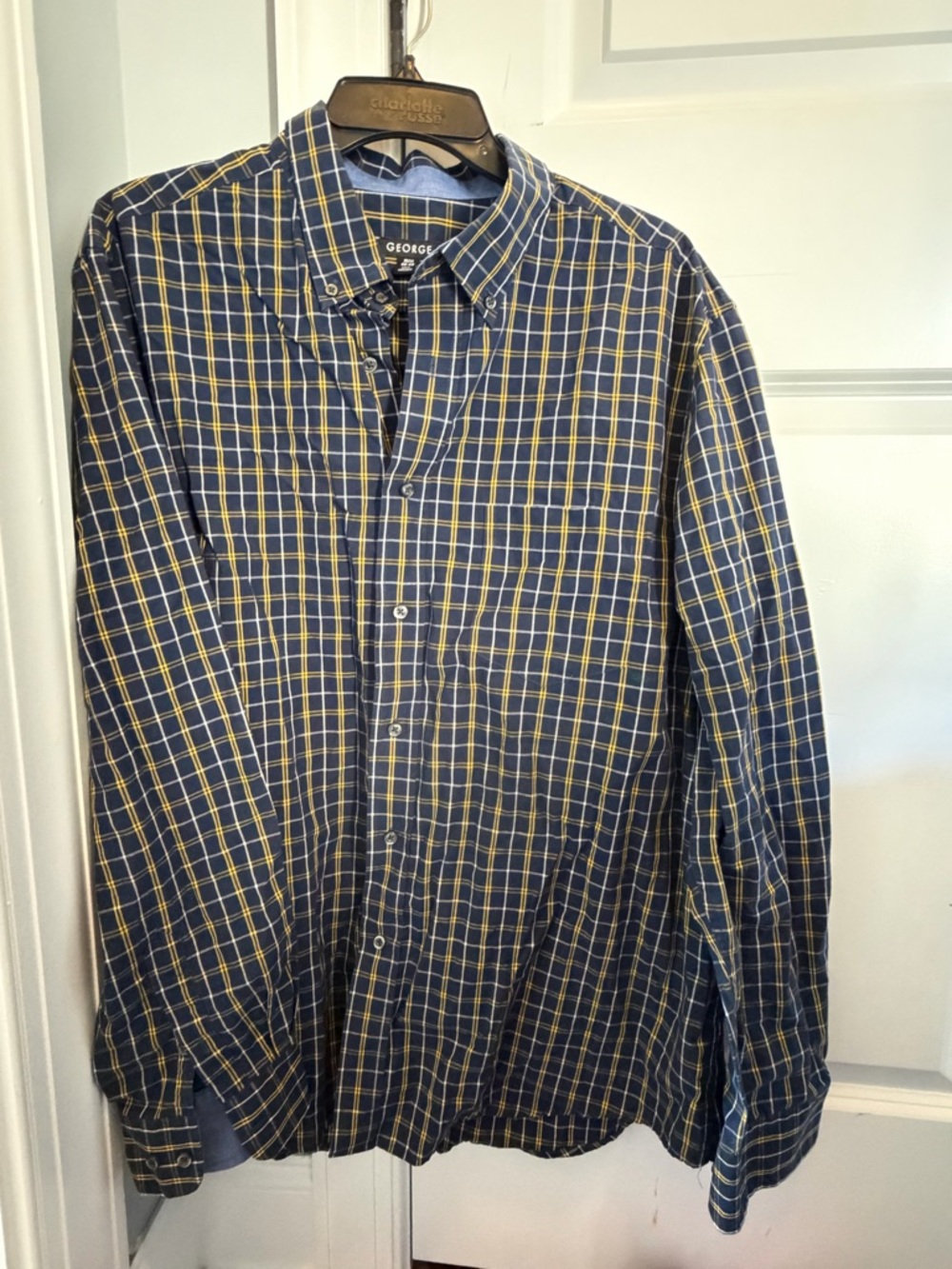 George Navy and Yellow Plaid Long-Sleeve Button-Up Shirt